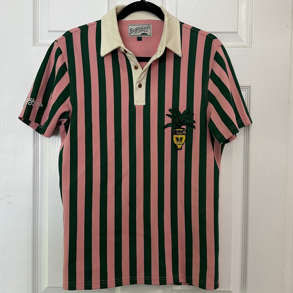 Bogey Boys Pink and Green Striped Palm Polo Golf Shirt Size Small